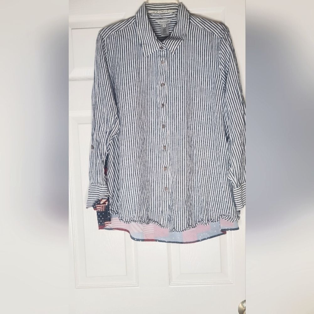 Multiples 1X Striped LINEN Blend American Star Patriotic Bac Lngslv Women Shirt